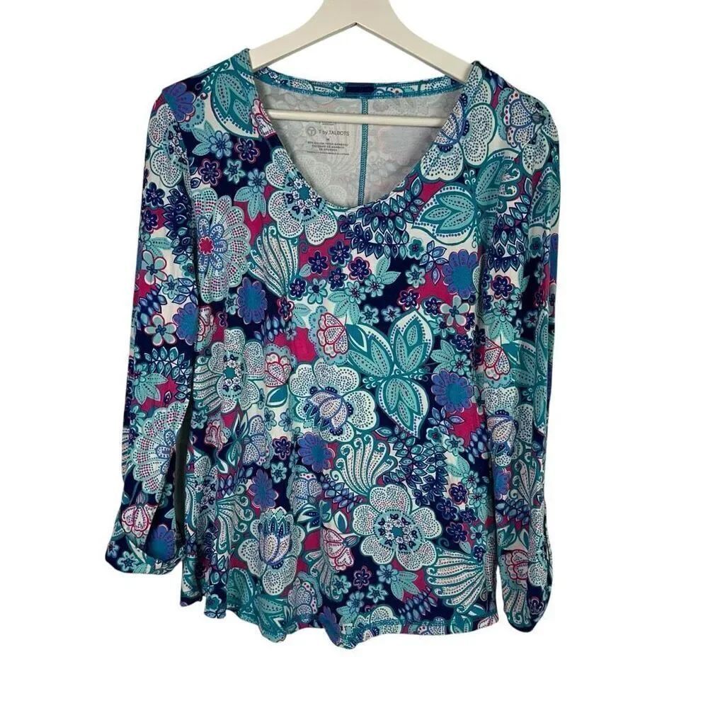 T by Talbots Medium Floral V-neck Roll Tab Sleeve